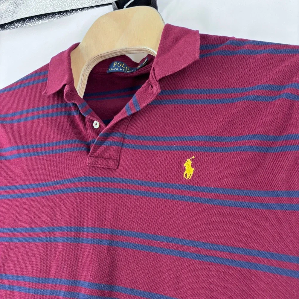 Polo Ralph Lauren Polo Shirt Mens XL Burgundy Navy Blue Striped Pique Pony Logo